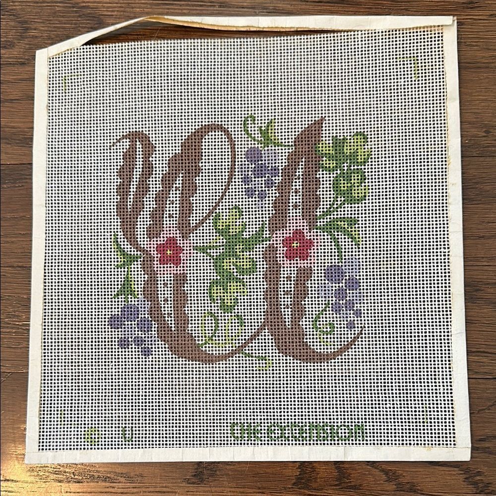 Vintage The Extension Floral Needlepoint Square Canvas with “U” Monogram‎